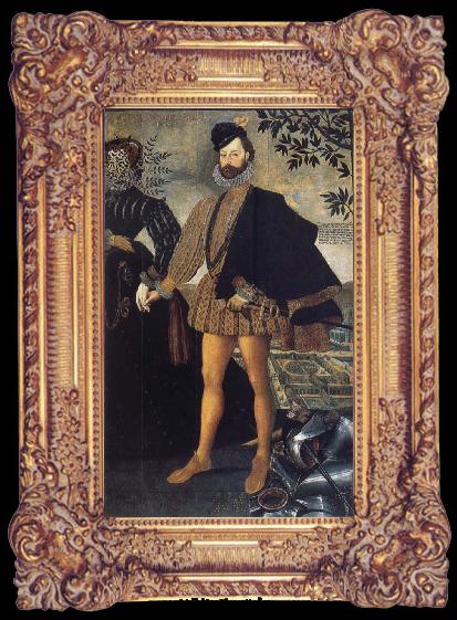 framed  unknow artist Portrait of Sir George Delves with a Lady bearing a branch of Myrtle, Ta024